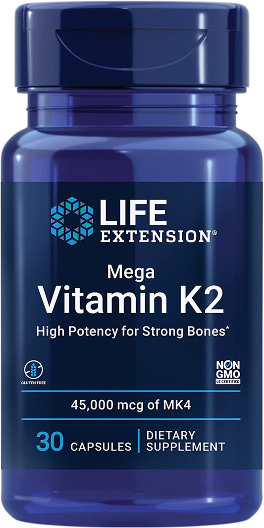 Life Extension Mega Vitamin K2 High Potency for Strong Bones – Daily Vitamin K2 Supplement for Healthy Bone Density Support & Heart Health – Non-Gmo, Gluten-Free – 30 Capsules
