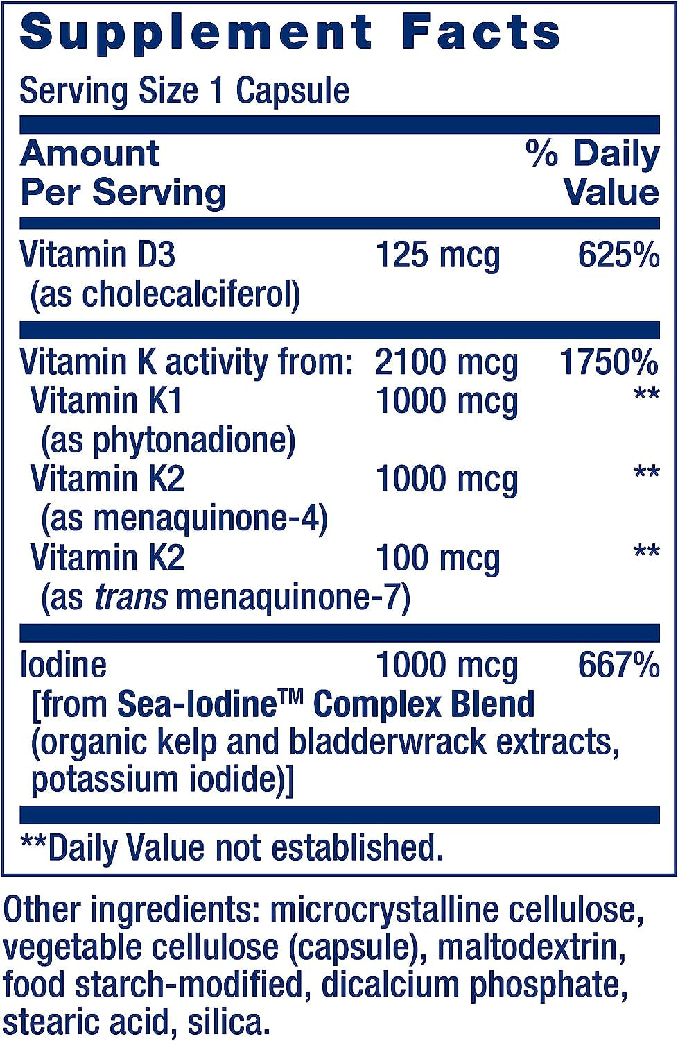 Life Extension Vitamins D and K with Sea-Iodine, Vitamin D3, Vitamin K1 and K2, Iodine, Supports Immune, Bone, Arterial and Thyroid Health, Non-Gmo, Gluten-Free, 60 Capsules