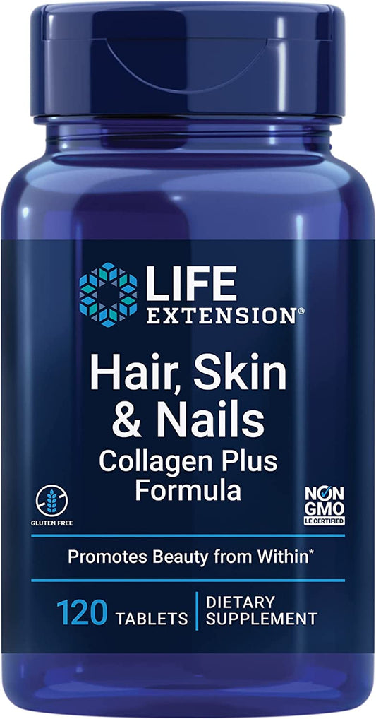 Life Extension Hair, Skin & Nails Collagen plus Formula - Promotes Collagen & Keratin Health - with Niacin, Vitamin B6, Biotin, Calcium & Zinc - Non-Gmo – 120 Count(Pack of 1)
