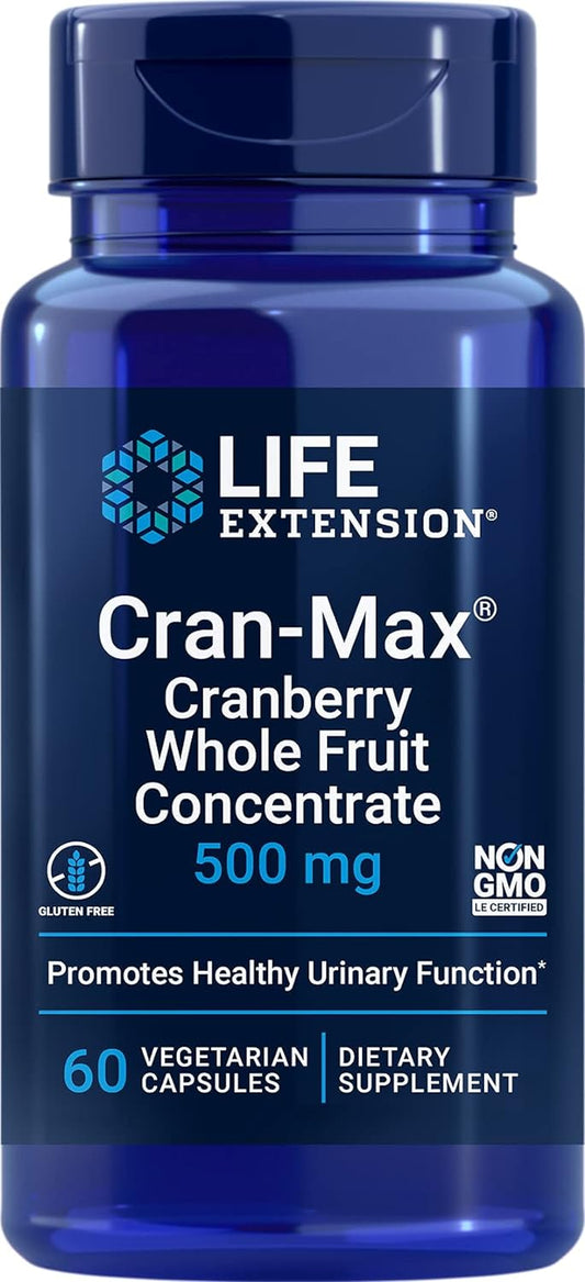 Life Extension Cran-Max 500Mg Cranberry Whole Fruit Concentrate Promotes a Healthy Urinary Tract - Powerful Antioxidant - Gluten-Free, Vegetarian, Non-Gmo – 60 Vegetarian Capsules