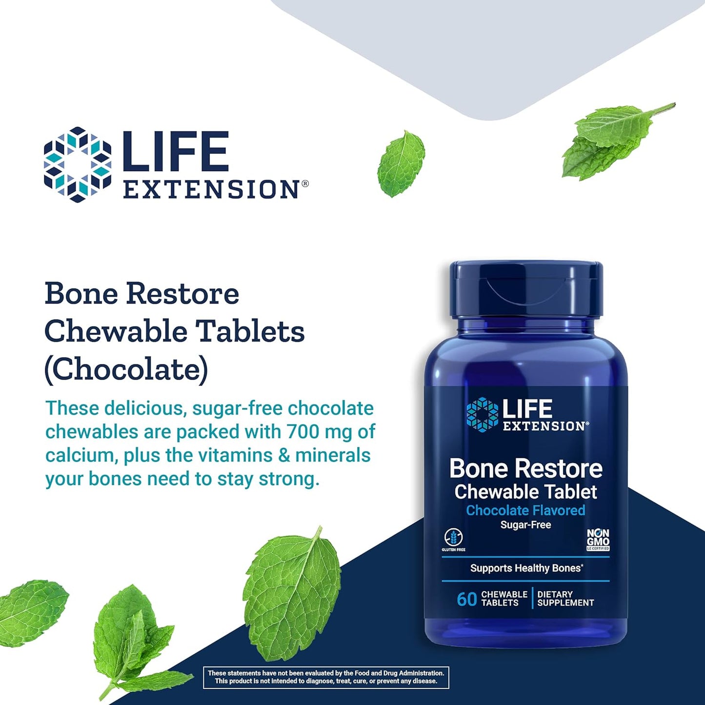 Life Extension Bone Restore Chewable Tablets - Sugar-Free Chocolate Flavor Calcium Supplement with Vitamin D3, plus Magnesium, Zinc & Boron for Bone Health & Strength - Gluten-Free, Non-Gmo - 60 Count