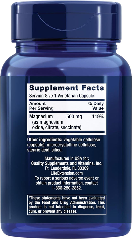 Life Extension Magnesium Caps, 500 Mg, Magnesium Oxide, Citrate, Succinate, Heart Health, Healthy Bones, Metabolism Support, 100 Vegetarian Capsules
