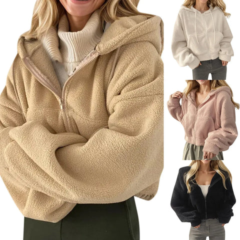 Womens Plus Size Zip Up Plush Hoodie Winter Thicken Warm Fleece Lined Fuzzy Sweatshirt Solid Color Long Sleeve Short Hoodie