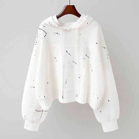 Splash-Ink Print Women Hoodies 2024 New Kpop White Sweatshirt Autumn Streetwear Long Sleeve Loose Hoodie Sudaderas De Mujeres